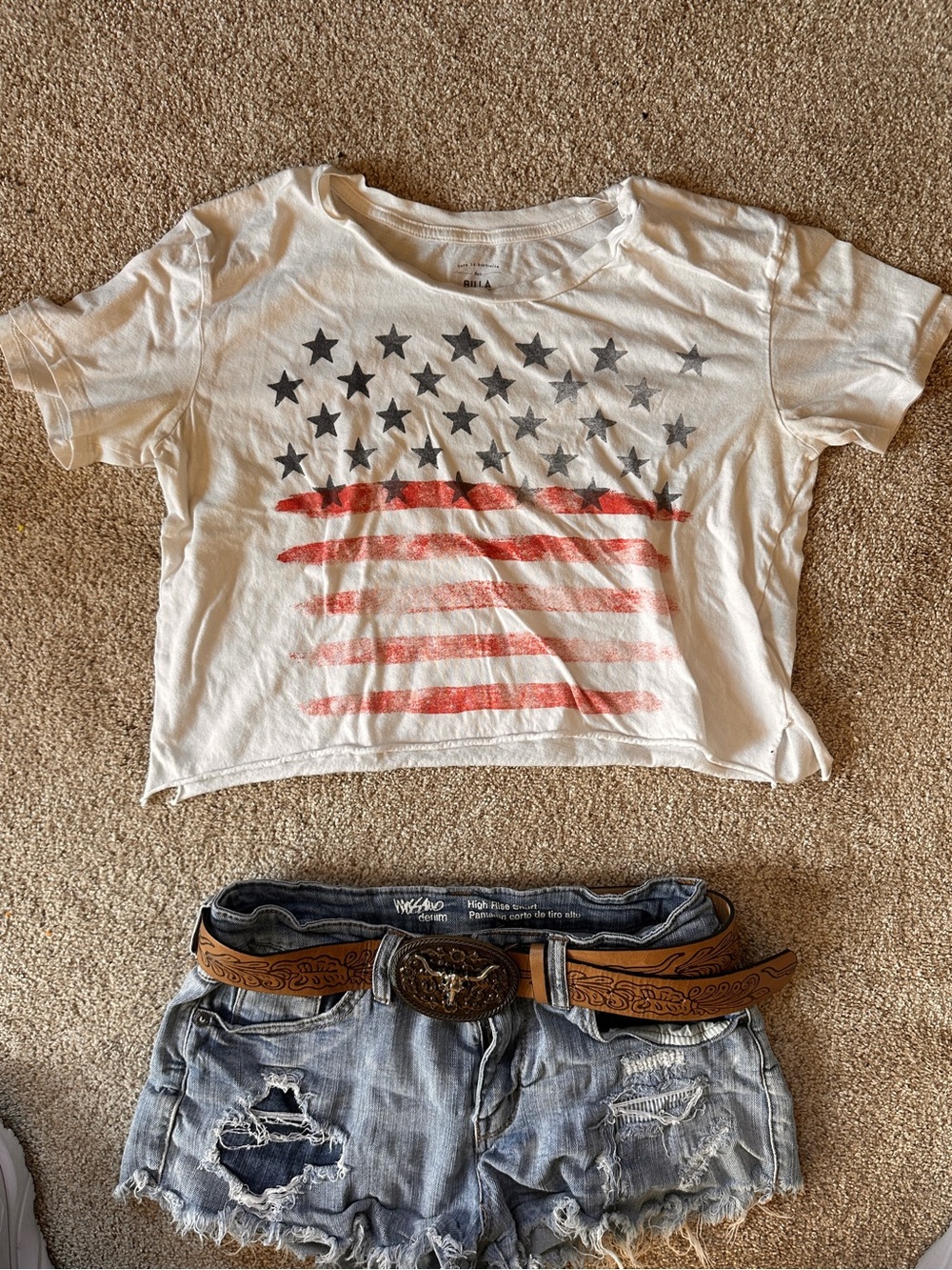Billabong Star & Stripe Crop Tee - White with Red & Navy Stars Large